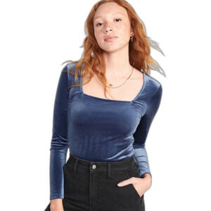 Womens Bodysuit By Old Navy Size M blue Navy long sleeve neck velvet.